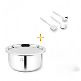 FnS Trinity Stainless Steel Serving Tools Set of 3 and NuChef Triply Tope 14 cm Combo 3-Ply Cookware Pot with Gravy Ladle, Solid Turner & Skimmer Turner, Induction & Gas Compatible Kitchen Combo